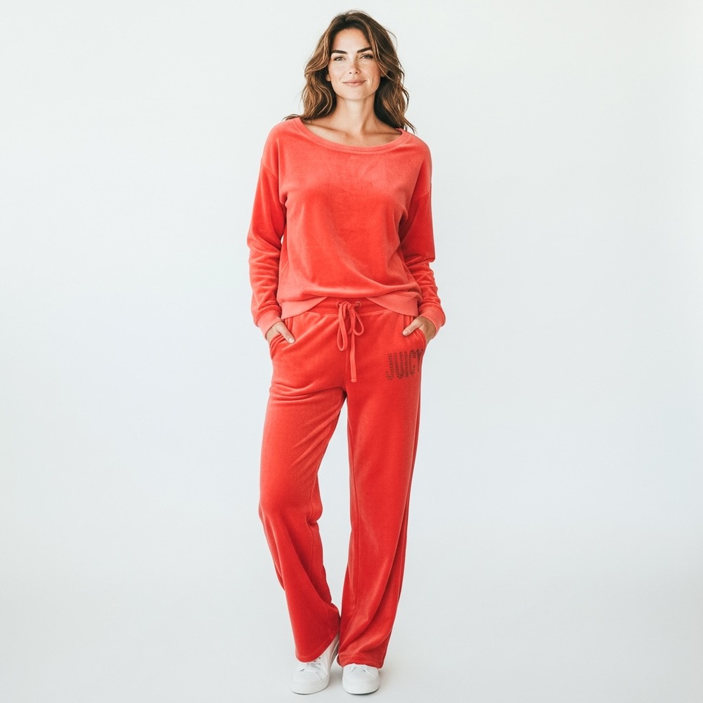 Y2K Juicy Couture Bright Peachy Orange Velour Wide-Leg Pants and Sweatshirt